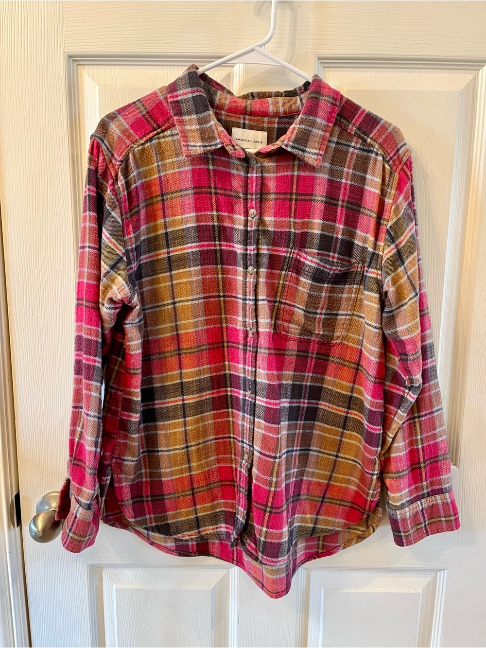 American Eagle Outfitters Women’s Pink, Yellow, Brown Plaid Button-Up Shirt, S